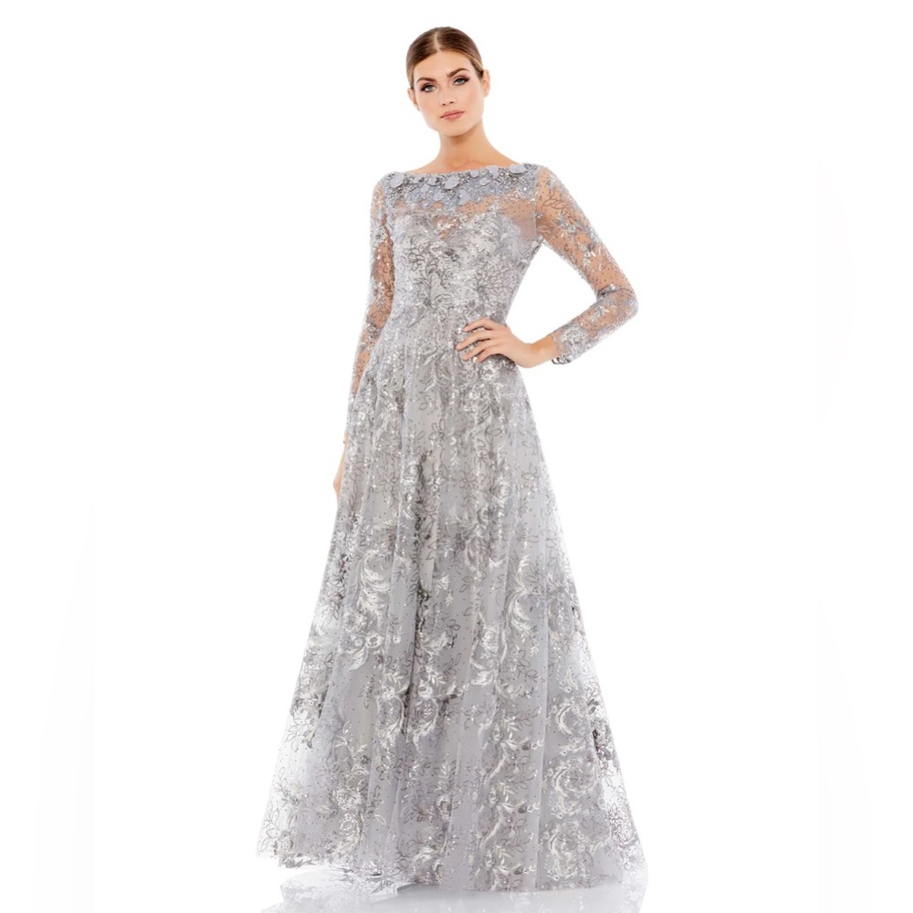 Mac Duggal Floral Embroidered Illusion Long Sleeve Gown Gray Sterling ‎ NWT